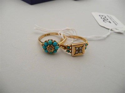 Lot 263 - A diamond and turquoise cluster ring and a seed pearl and turquoise ring