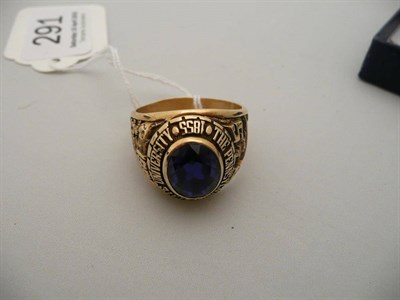 Lot 291 - Stone set college ring stamped '14KT', set with synthetic sapphire, 18.8g approximately