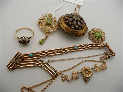 Lot 318 - An Edwardian peridot and seed pearl pendant, a similar brooch, a seed pearl-set necklace, a...