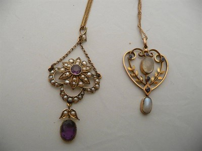 Lot 323 - An amethyst and seed pearl pendant on chain and a moonstone and sapphire pendant on chain