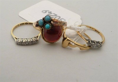 Lot 330 - A diamond five stone ring, a diamond three stone ring, a garnet ring, a turquoise ring and a...