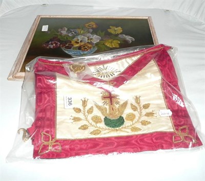 Lot 336 - Masonic apron 'Rose Croix', medal;  A Letts, Grantham, still life studies of flowers, signed,...