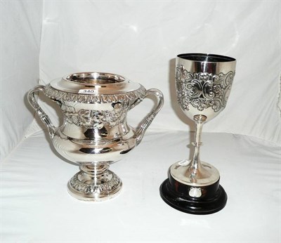 Lot 340 - Silver presentation trophy and a plated wine cooler