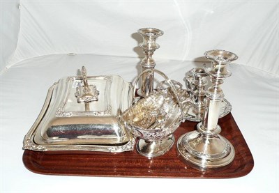 Lot 346 - Quantity of plated wares including a pair of telescopic candlesticks