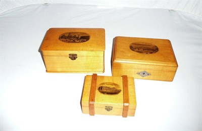 Lot 357 - Three Mauchline ware hinged boxes, 'George Square, Glasgow', 'South Terrace, Little Hampton'...