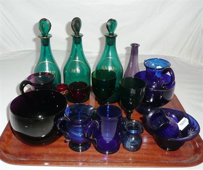 Lot 367 - Quantity of coloured glass including a set of three green decanters "Shrub", "Rum" and "Brandy"