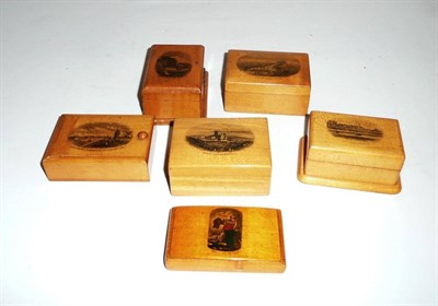 Lot 373 - Six assorted Mauchline ware boxes with decorated lids - 'Hastings Pier'; Little Hampton'; 'View...