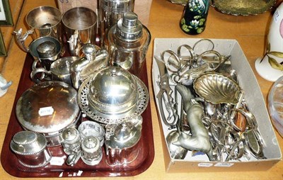 Lot 380 - A tray and two boxes of silver plate, soft toys, bear figures, place mats etc (3)