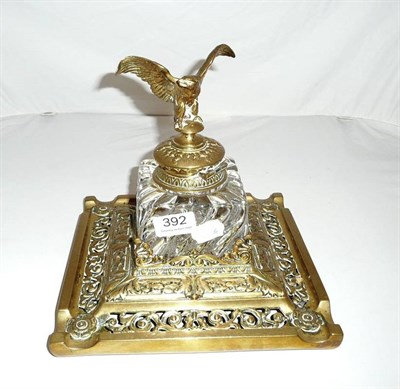 Lot 392 - Victorian brass inkwell with Baccarat-type reservoir