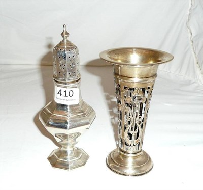 Lot 410 - Silver castor and silver pierced trumpet vase