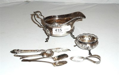 Lot 415 - Silver sauce boat, silver salt and silver flatware