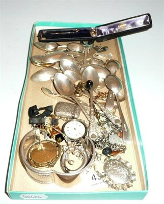 Lot 437 - Various silver teaspoons, hinged silver bangle, silver vesta,  and other assorted jewellery etc