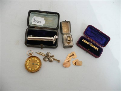 Lot 440 - Silver posy holder, pearl set mourning ring,  two 9ct gold bar brooches, 9ct gold cased pocket...