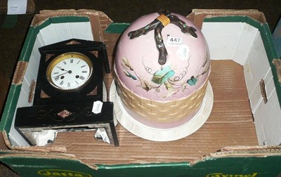 Lot 447 - A Victorian majolica type cheese dome and stand; a Belgian black slate mantel clock (2)