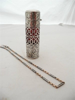 Lot 454 - Silver mounted pierced scent flask with cranberry liner and glass stopper and a fancy link...