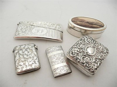 Lot 457 - Two silver vesta cases; silver card case, silver embossed hinged box and an oval box and cover...