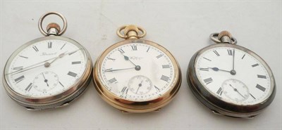 Lot 458 - Two silver open faced pocket watches, and a gold plated pocket watch signed Waltham