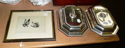 Lot 478 - Pair of plated entree dishes and covers with sailing ship crest and a plated stand, and a...