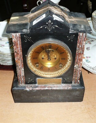 Lot 480 - A Belgian black slate mantel clock with visible Brocot escapement and a Victorian mahogany...