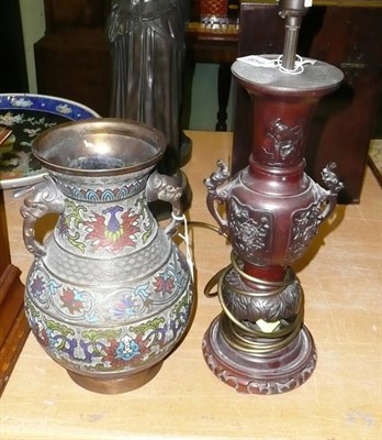 Lot 486 - Chinese champleve enamel bronze vase and a table lamp and shade on hardwood stand (2)