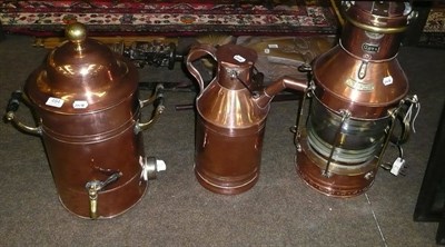 Lot 494 - A large copper Anchor lamp, converted to electricity; a large copper urn; a large copper hot...