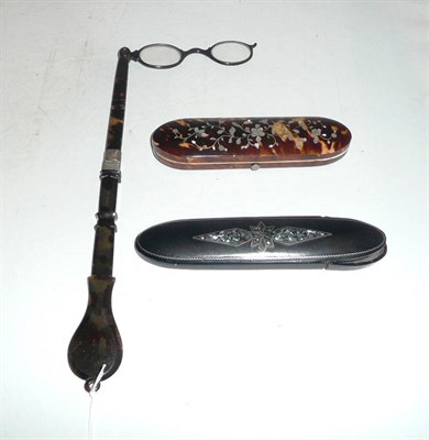 Lot 506 - Tortoiseshell spectacles case, papier mache glasses case, two pairs of spectacles and a pair of...