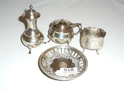 Lot 518 - A Continental silver bowl with import marks for London 1899, a silver pepperette and mustard...