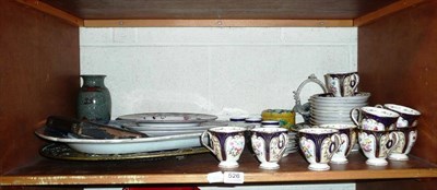 Lot 526 - A shelf of decorative ceramics, glass, a cased set of silver fruit knives, a blue and white...