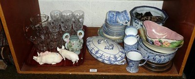 Lot 529 - A shelf of decorative ceramics, glass and ornamental items including a Beswick pig and piglet,...