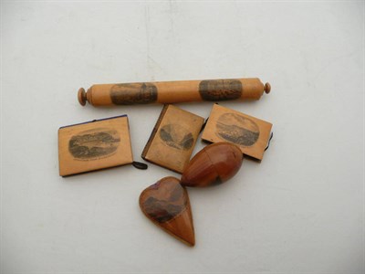 Lot 540 - Three Mauchline ware needle cases Budleigh Salterton, Ilfracombe, Snowdon and Llanberis lake, a...