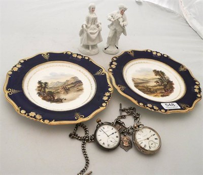 Lot 548 - Pair of Derby topographical plates, pair of Continental figures and two silver watches