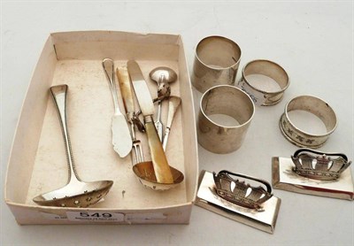 Lot 549 - Two silver place card holders, two pairs of silver napkin rings, silver and silver plate