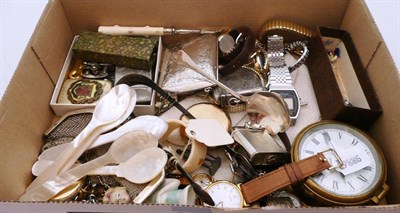 Lot 553 - Box of assorted wristwatches, pocket watches, china half doll, sterling silver hinged purse, silver