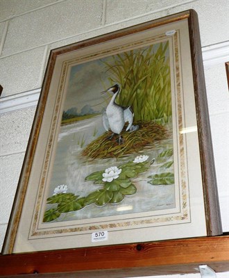 Lot 570 - Jonathan Halbert, Royal Miniature Society, a grebe on her nest with chicks (gouache)