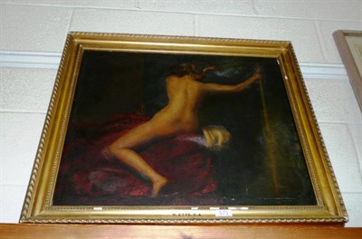 Lot 571 - Oil on panel painting after Etty, study of a nude