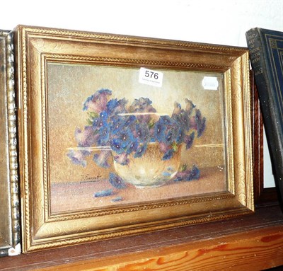 Lot 576 - Framed watercolour by L Fournet, violets in a bowl, with French label and inscription to reverse