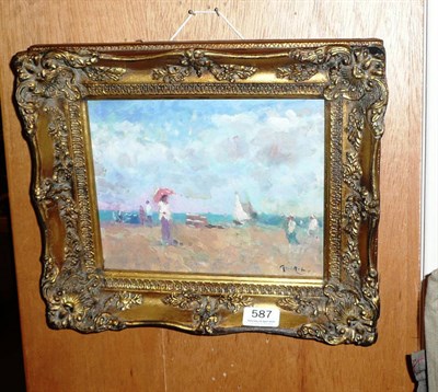 Lot 587 - Oil painting, figures on a beach