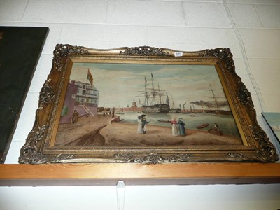 Lot 590 - Oil on canvas - Docks  scene, possibly Greenwich, with men o'war at anchor.