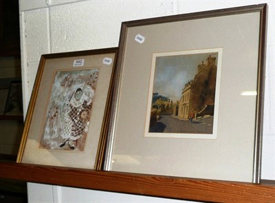 Lot 592 - Two pictures, one by John P Uht RI "Shake Rattle and Roll" and a street scene by E M Bottomley