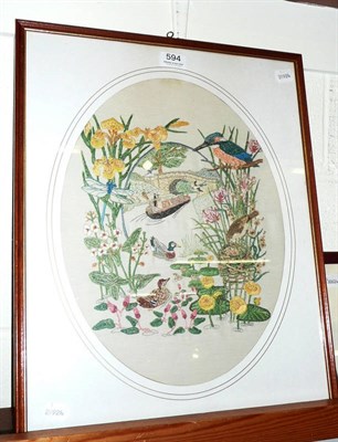 Lot 594 - Needlework picture kingfisher canal scene