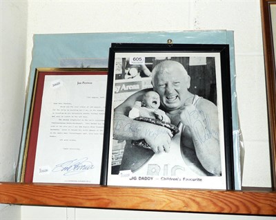 Lot 605 - Signed Big Daddy promotional pictures, signed Jon Pertwee letter, and various pictures and prints