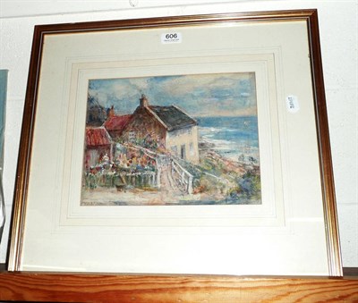 Lot 606 - Roland Hill framed watercolour, cottage on a cliffside