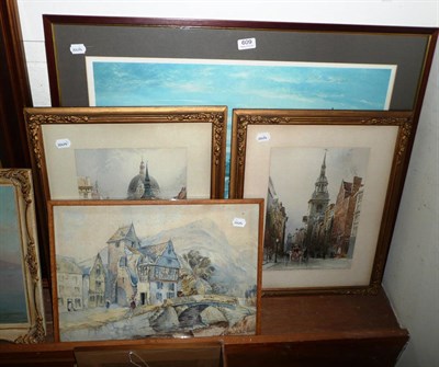 Lot 609 - J M Barker - "Gate House, Cochem, Moselle", signed watercolour; a pair of coloured lithographs...