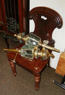 Lot 622 - Pair of brass coach lamps, mahogany hall chair