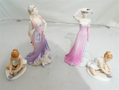 Lot 391A - Two Coalport figures 'Happy Anniversary' and 'Silken Lady' two Royal Doulton figures 'Ballet Shoes'