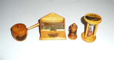 Lot 439A - A Mauchline ware miniature correspondence rack named Bournemouth, a Mauchline ware cotton reel...