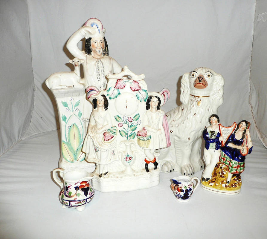 Lot 5 - Three Victorian Staffordshire figural groups, Staffordshire dog and two Allerton jugs