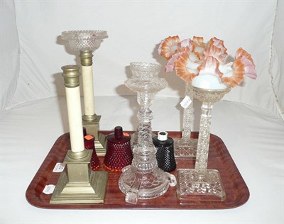 Lot 10 - Pair of plain glass night light stands with frilled glass shades and other assorted stands, etc