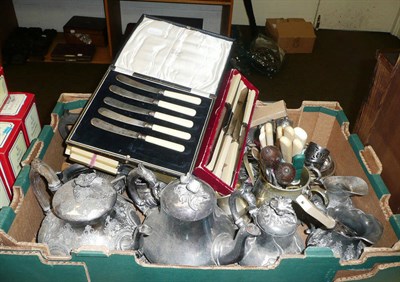 Lot 18 - Plated tea set, plated flatware and an Art Nouveau Continental clock