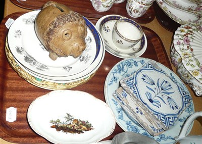 Lot 32 - A tray of ceramics including Delft tiles, Salopian cup, saucer and dish, Furstenberg dish, etc